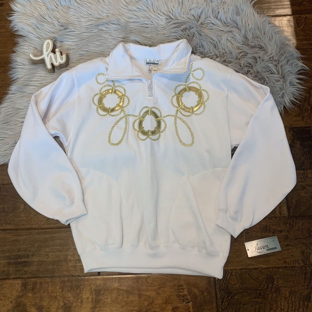 Vintage Lavon Petites Womens Sweatshirt White Gold Nautical Petite Medium New